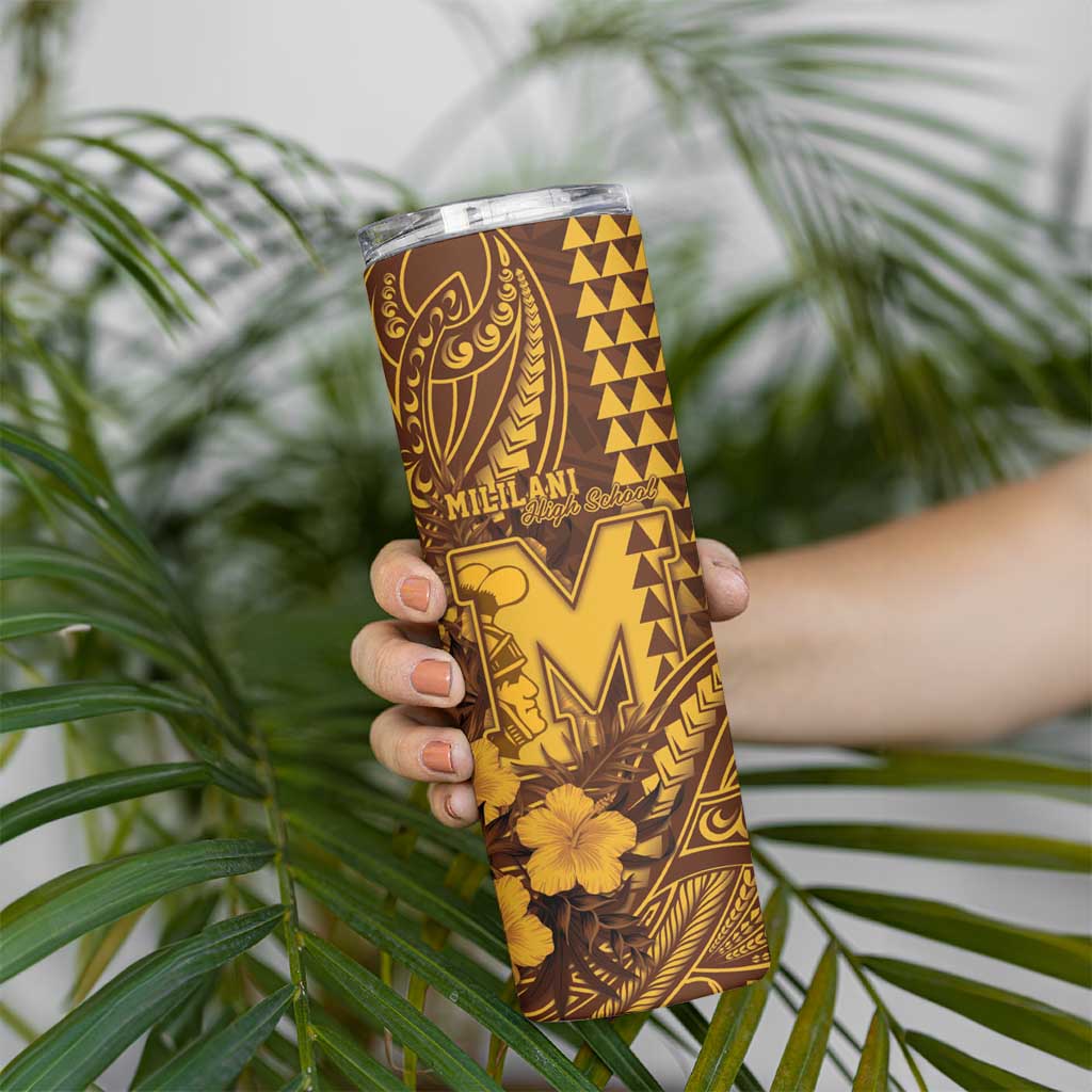 Personalised Hawaii Mililani High School Skinny Tumbler Tribal Tattoo With Hibiscus Flowers
