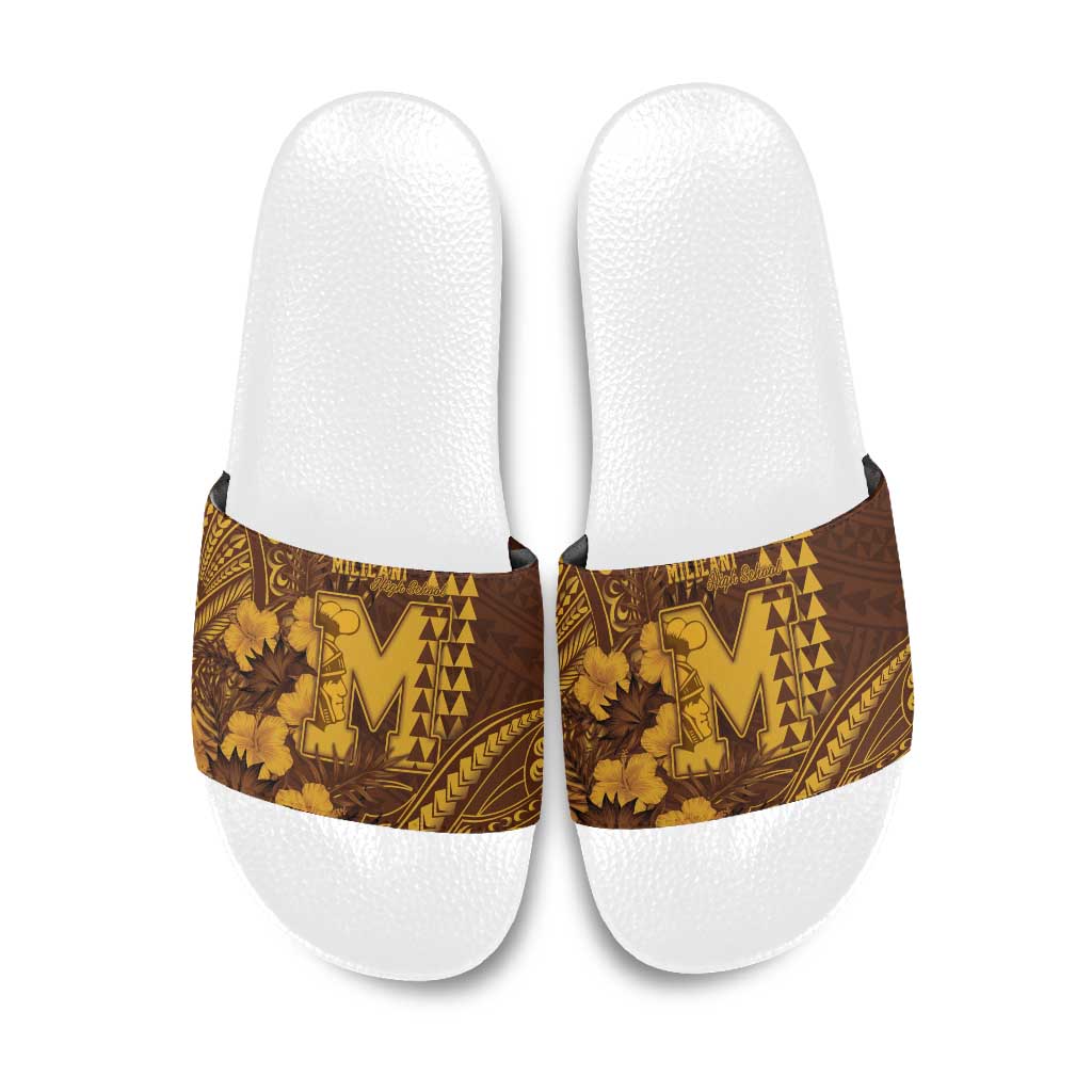 Hawaii Mililani High School Slide Sandals Tribal Tattoo With Hibiscus Flowers