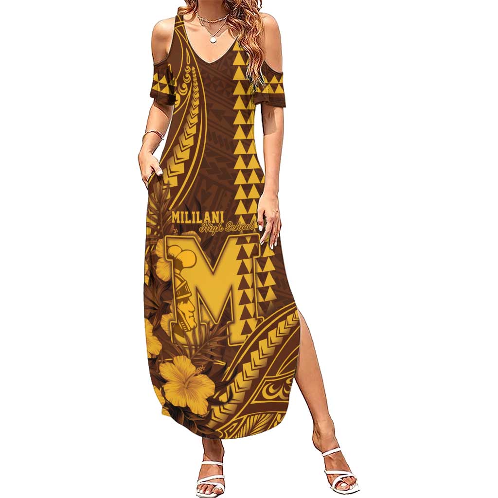 Personalised Hawaii Mililani High School Summer Maxi Dress Tribal Tattoo With Hibiscus Flowers