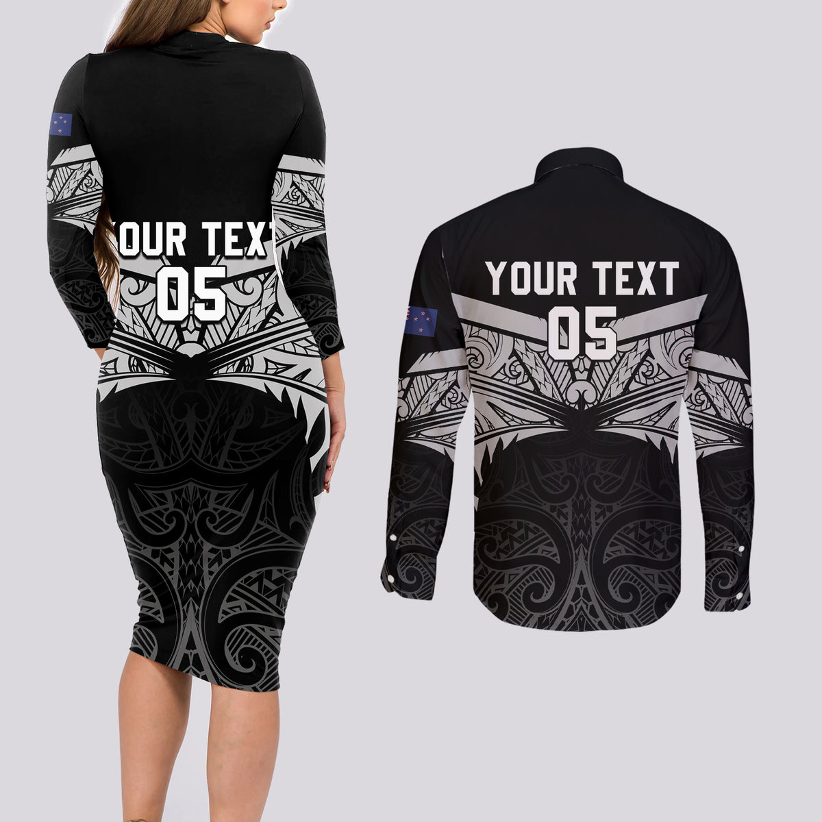 Custom New Zealand Cricket Couples Matching Long Sleeve Bodycon Dress and Long Sleeve Button Shirt Go Champions World Cup 2024 With Maori Pattern LT05 - Polynesian Pride