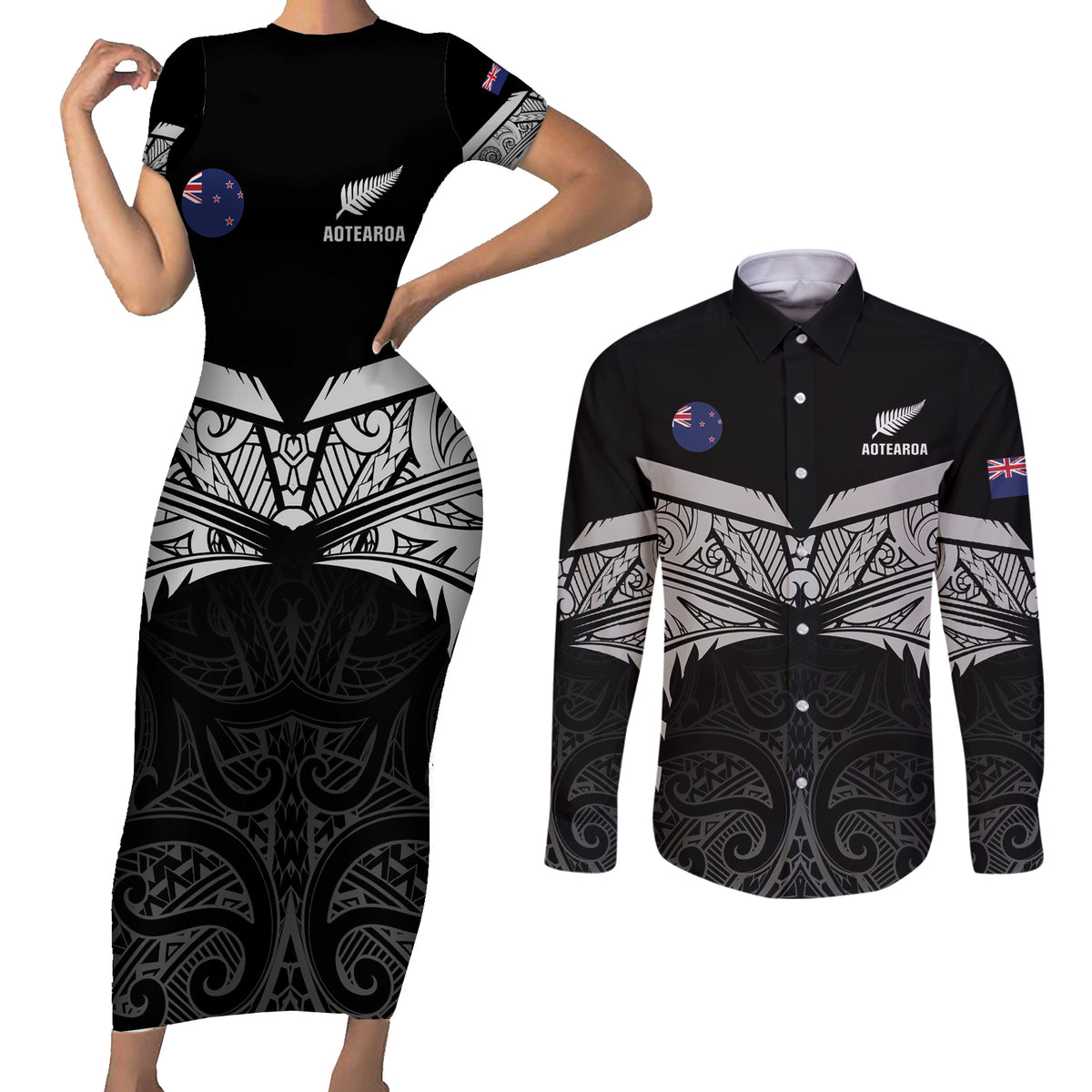Custom New Zealand Cricket Couples Matching Short Sleeve Bodycon Dress and Long Sleeve Button Shirt Go Champions World Cup 2024 With Maori Pattern LT05 Black - Polynesian Pride