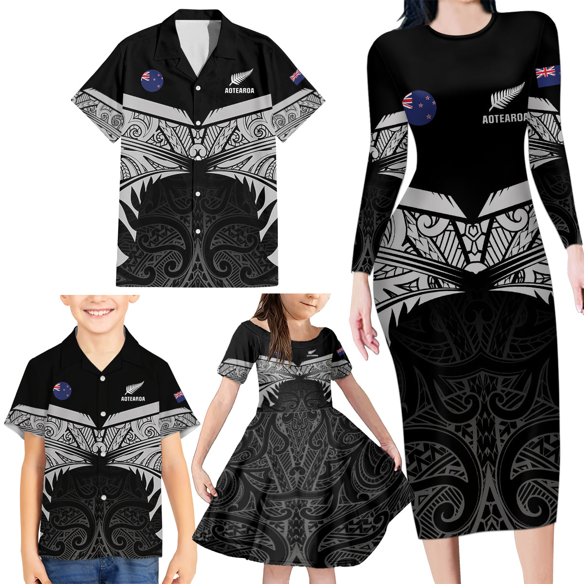 Custom New Zealand Cricket Family Matching Long Sleeve Bodycon Dress and Hawaiian Shirt Go Champions World Cup 2024 With Maori Pattern LT05 - Polynesian Pride