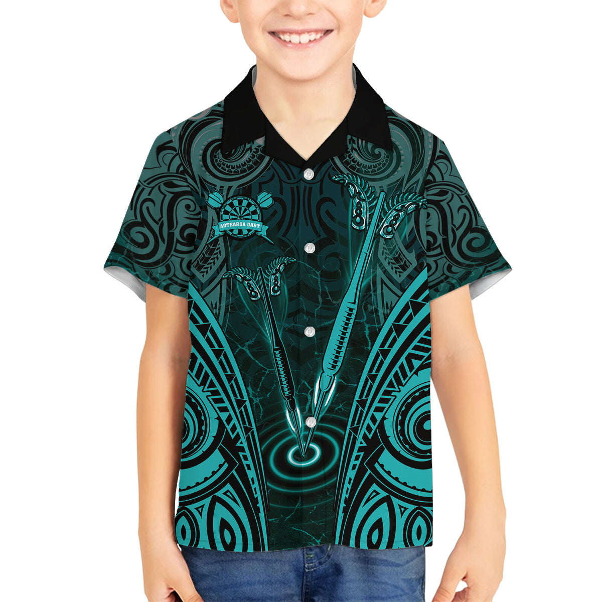 Personalised New Zealand Darts Family Matching Summer Maxi Dress and Hawaiian Shirt Turquoise Dart Board Maori Pattern