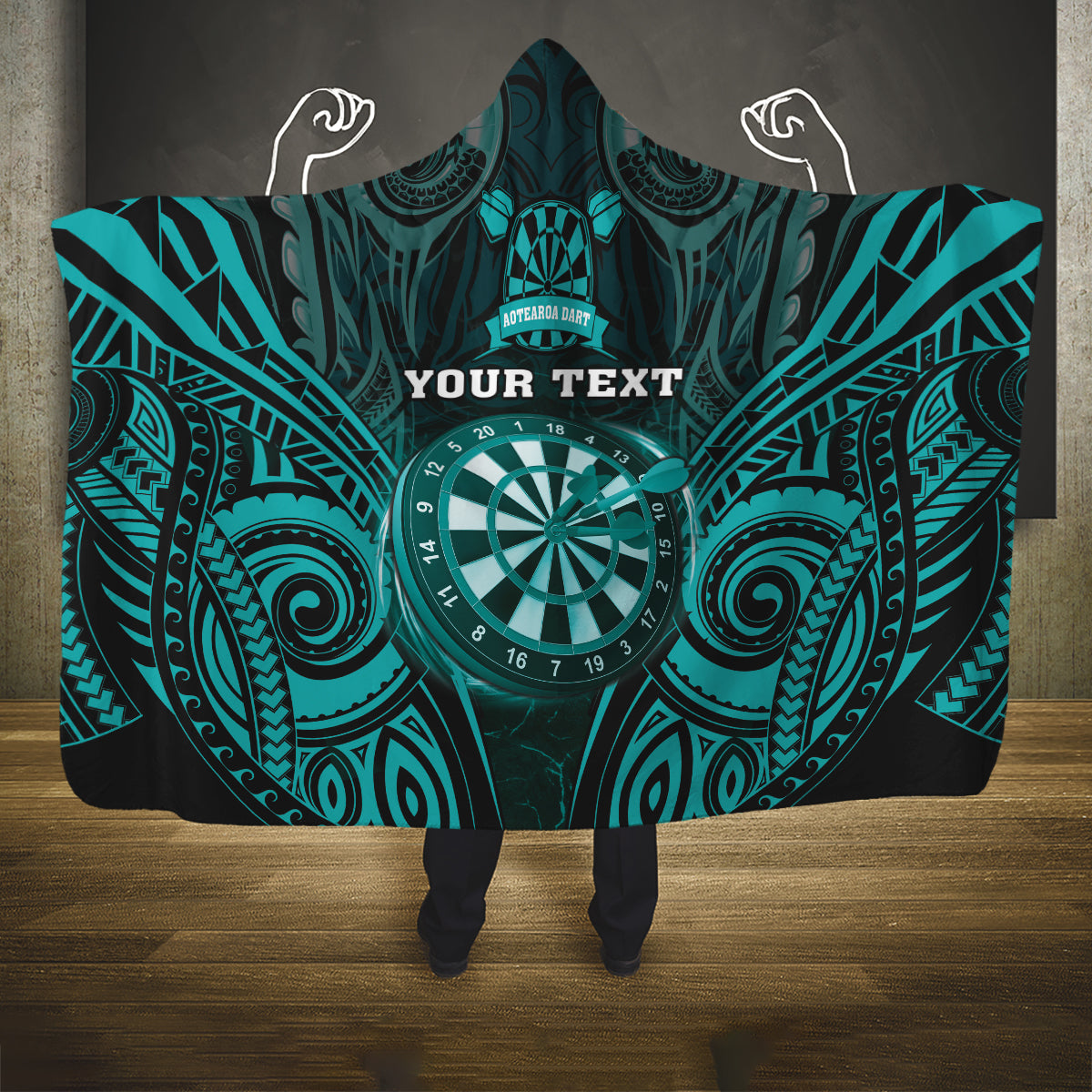 Personalised New Zealand Darts Hooded Blanket Turquoise Dart Board Maori Pattern