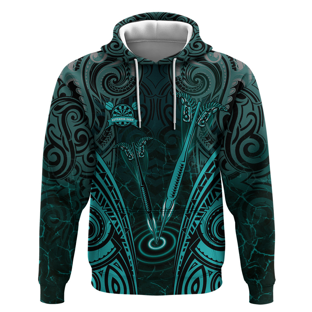 Personalised New Zealand Darts Hoodie Turquoise Dart Board Maori Pattern