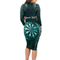 Personalised New Zealand Darts Long Sleeve Bodycon Dress Turquoise Dart Board Maori Pattern