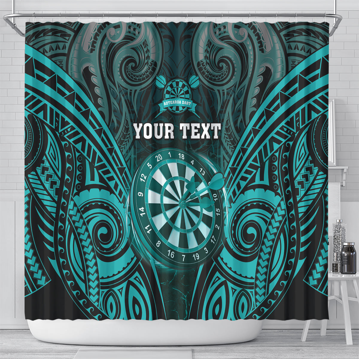 Personalised New Zealand Darts Shower Curtain Turquoise Dart Board Maori Pattern