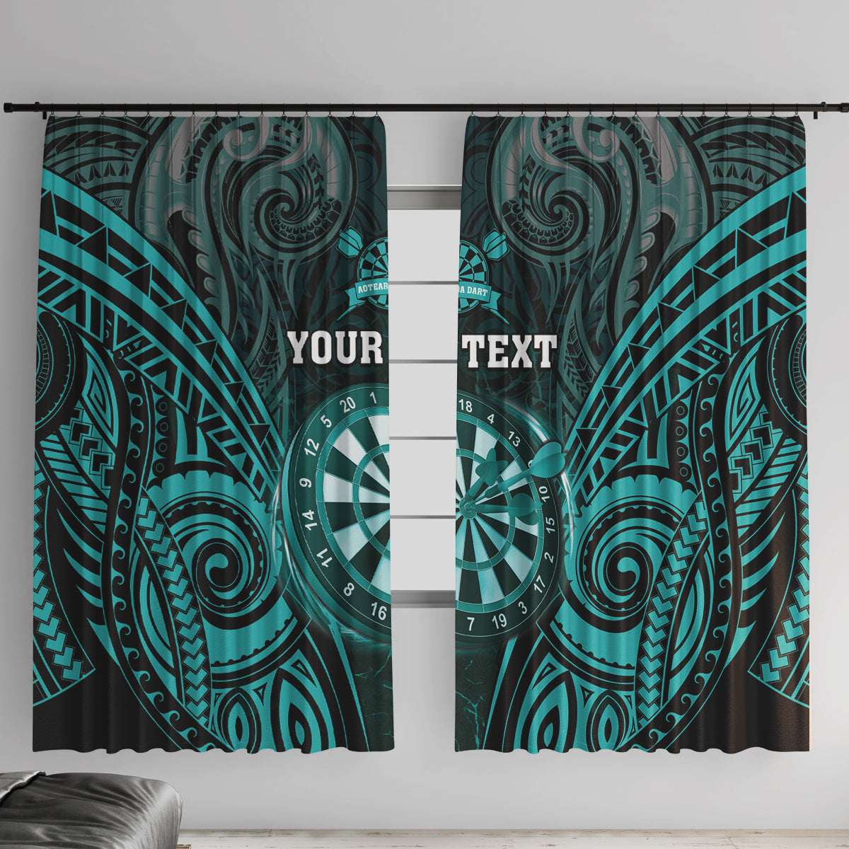 Personalised New Zealand Darts Window Curtain Turquoise Dart Board Maori Pattern