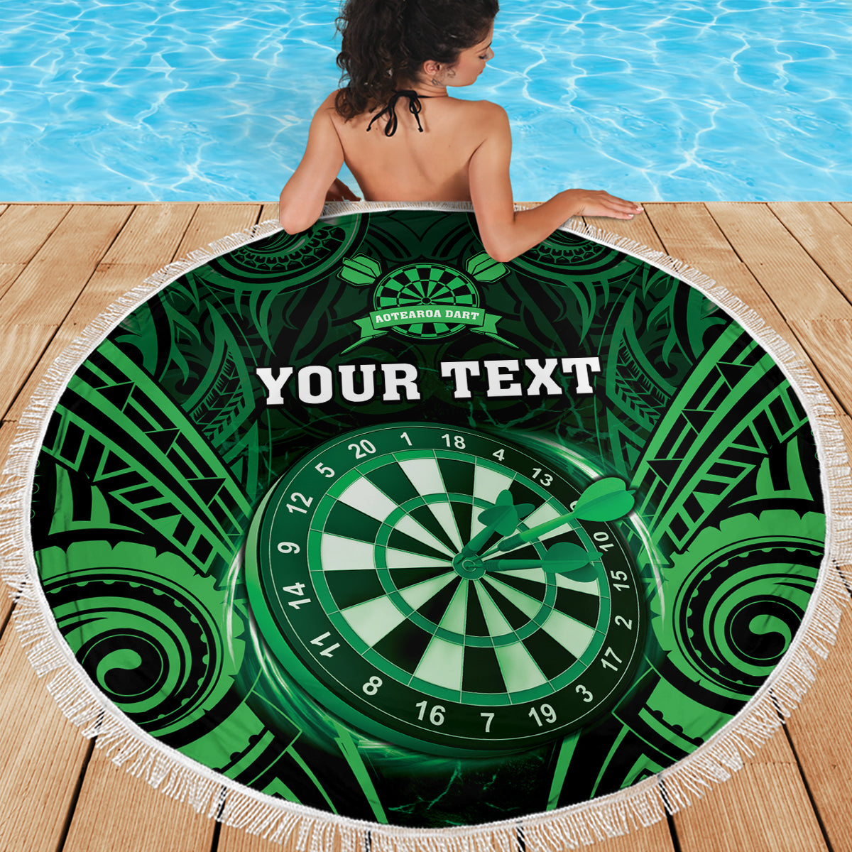 Personalised New Zealand Darts Beach Blanket Green Dart Board Maori Pattern