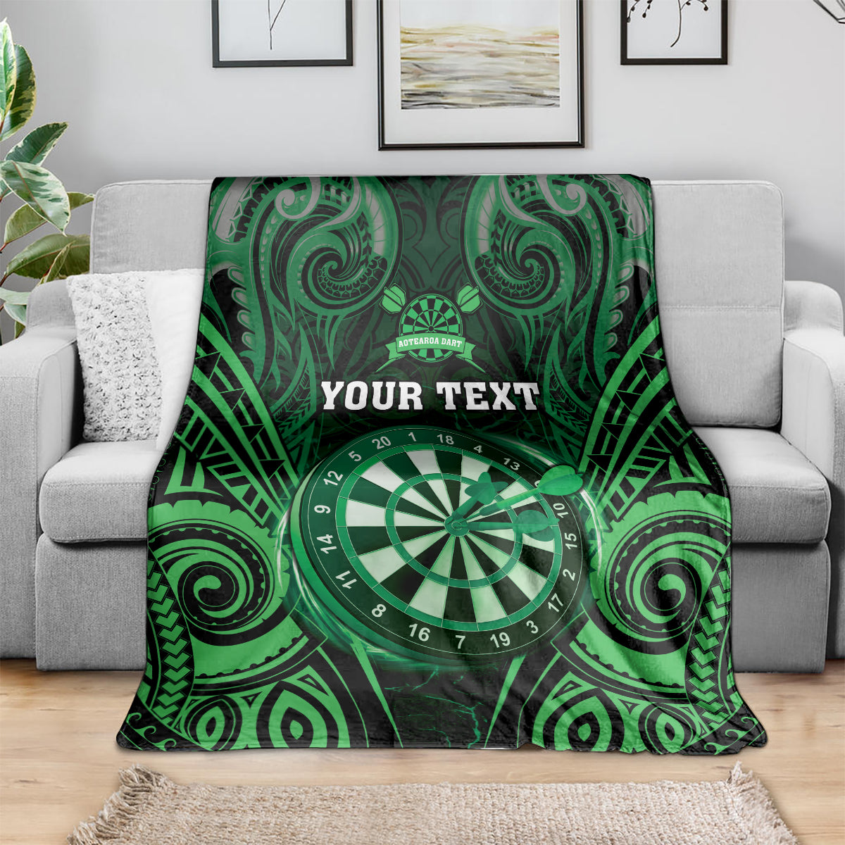 Personalised New Zealand Darts Blanket Green Dart Board Maori Pattern