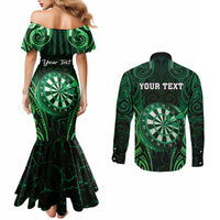 Personalised New Zealand Darts Couples Matching Mermaid Dress and Long Sleeve Button Shirt Green Dart Board Maori Pattern