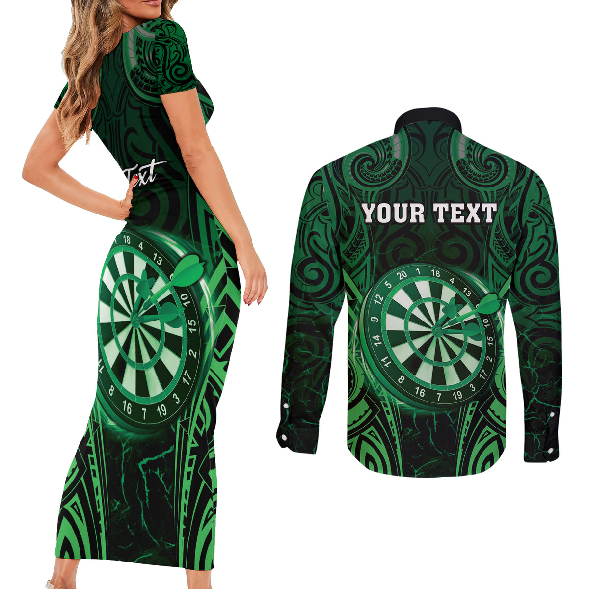 Personalised New Zealand Darts Couples Matching Short Sleeve Bodycon Dress and Long Sleeve Button Shirt Green Dart Board Maori Pattern