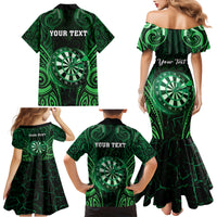 Personalised New Zealand Darts Family Matching Mermaid Dress and Hawaiian Shirt Green Dart Board Maori Pattern