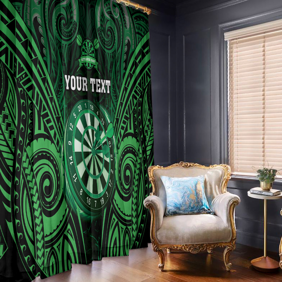 Personalised New Zealand Darts Window Curtain Green Dart Board Maori Pattern