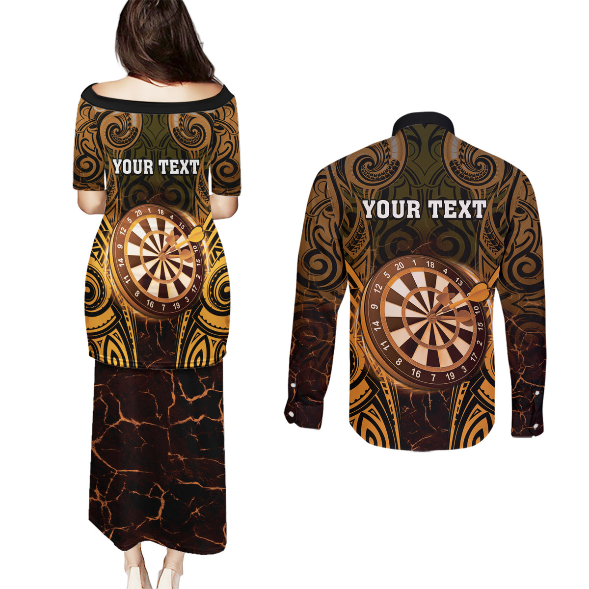 Personalised New Zealand Darts Couples Matching Puletasi and Long Sleeve Button Shirt Gold Dart Board Maori Pattern