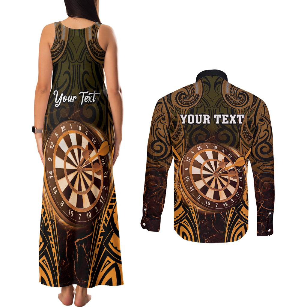 Personalised New Zealand Darts Couples Matching Tank Maxi Dress and Long Sleeve Button Shirt Gold Dart Board Maori Pattern