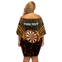 Personalised New Zealand Darts Family Matching Off Shoulder Short Dress and Hawaiian Shirt Gold Dart Board Maori Pattern