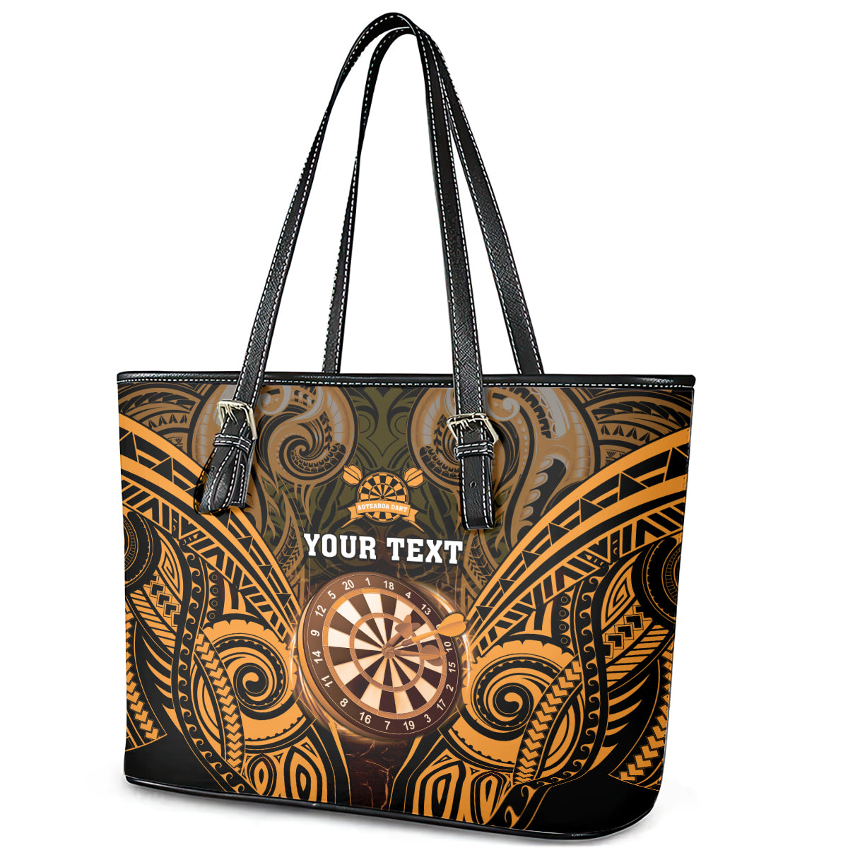 Personalised New Zealand Darts Leather Tote Bag Gold Dart Board Maori Pattern