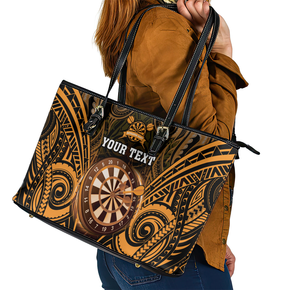 Personalised New Zealand Darts Leather Tote Bag Gold Dart Board Maori Pattern