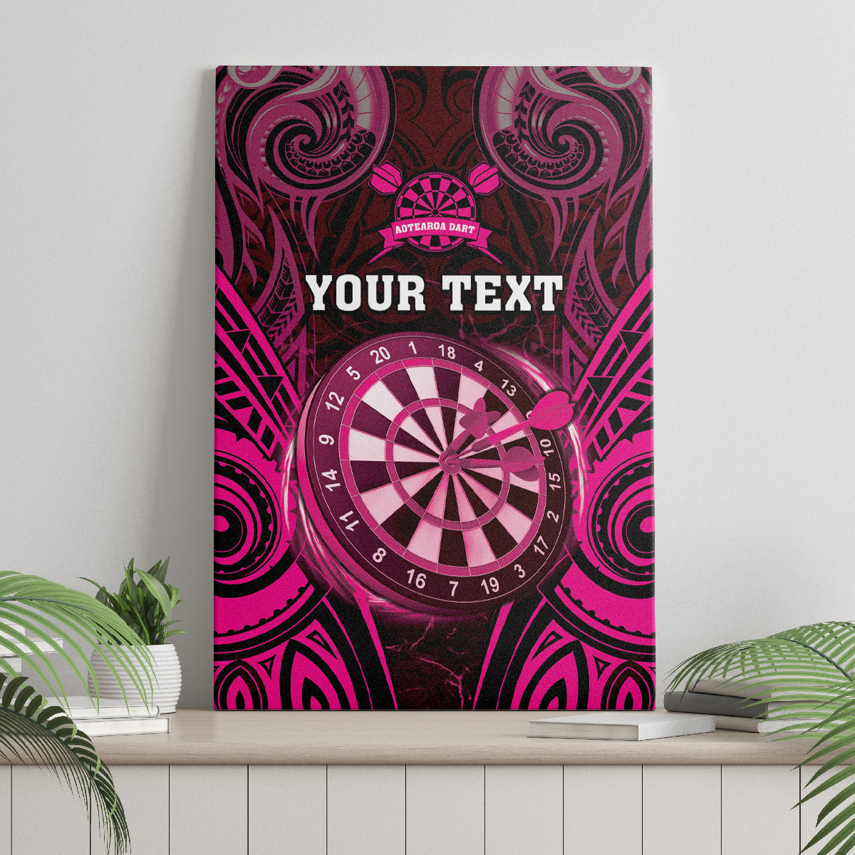 Personalised New Zealand Darts Canvas Wall Art Pink Dart Board Maori Pattern