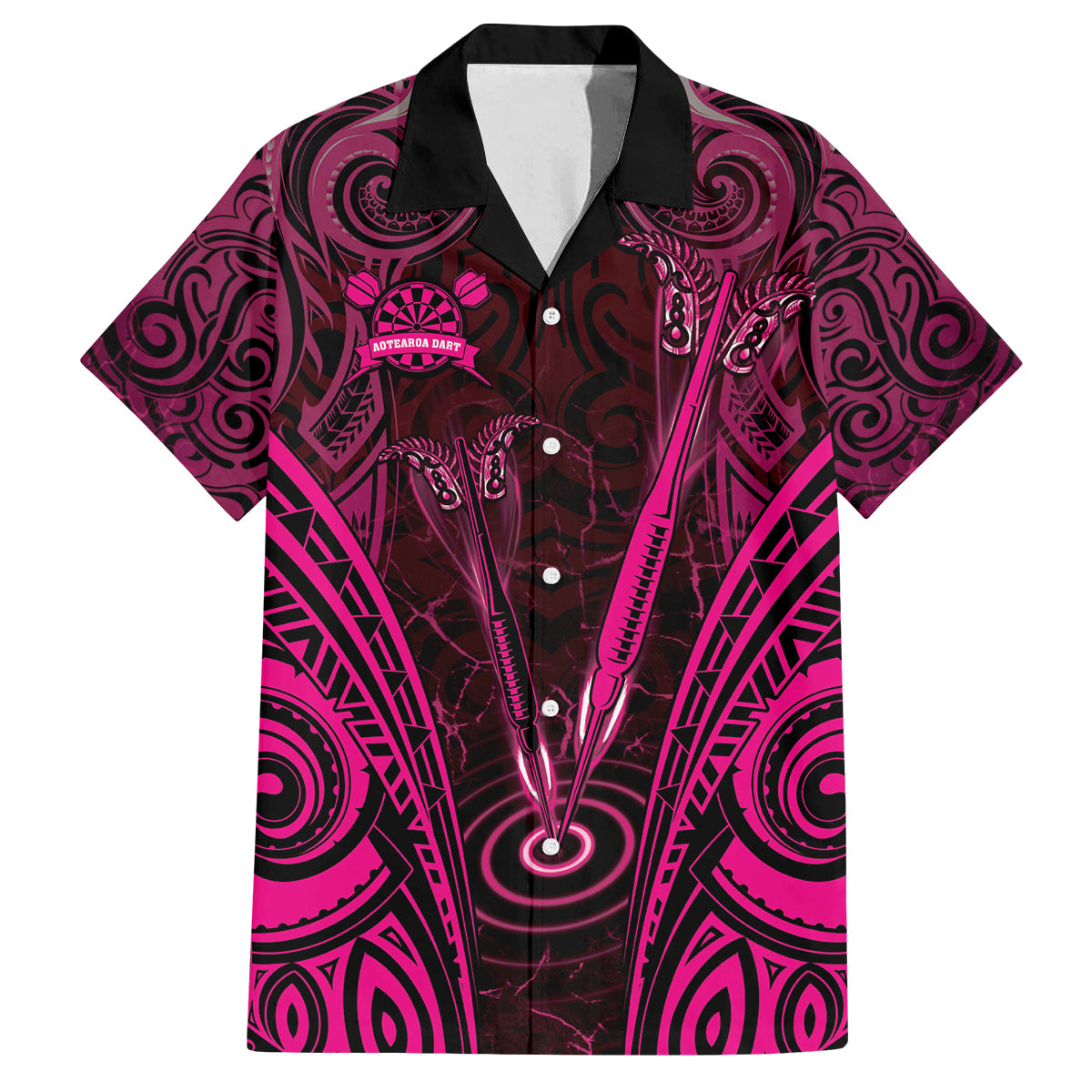 Personalised New Zealand Darts Family Matching Off Shoulder Maxi Dress and Hawaiian Shirt Pink Dart Board Maori Pattern