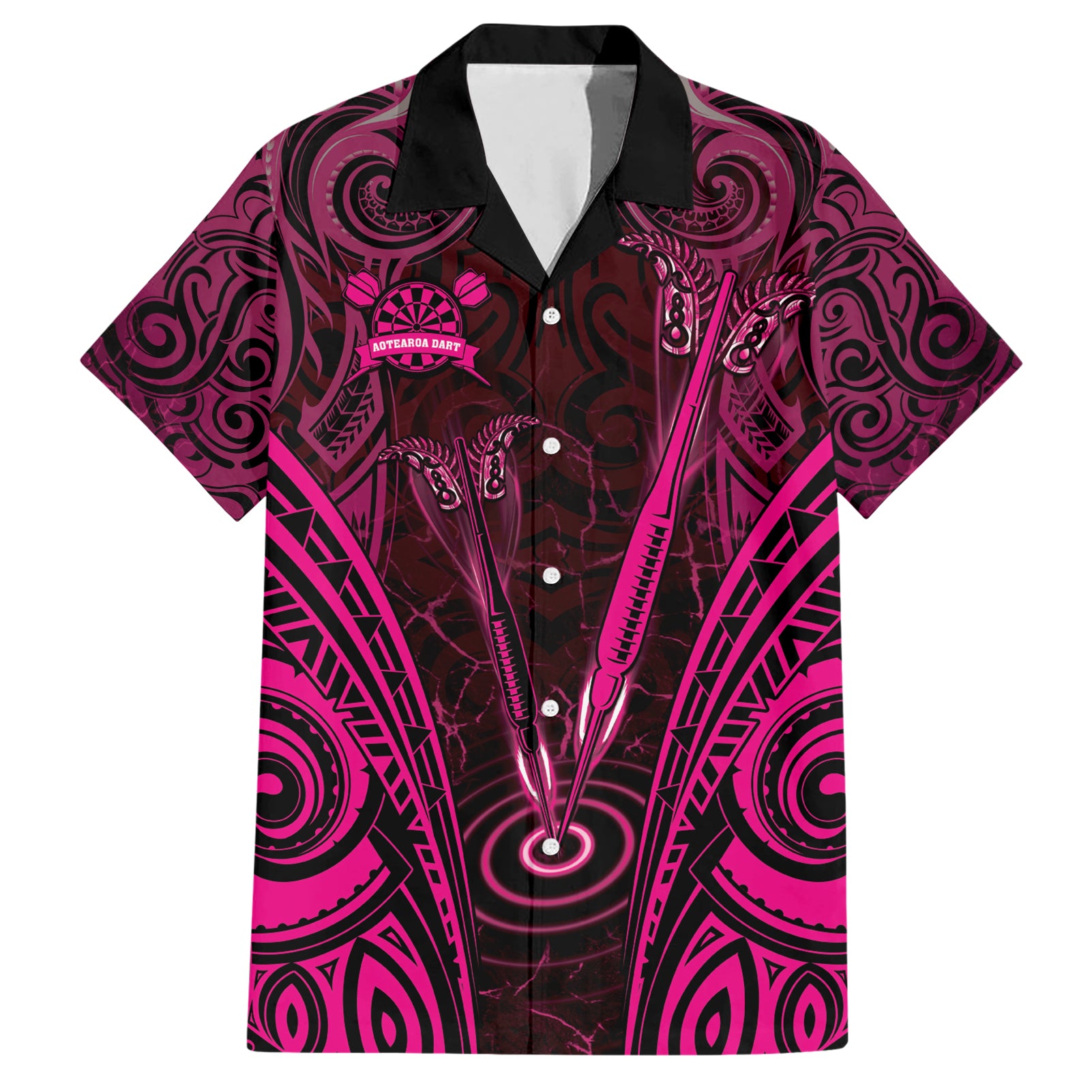 Personalised New Zealand Darts Hawaiian Shirt Pink Dart Board Maori Pattern