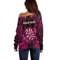 Personalised New Zealand Darts Off Shoulder Sweater Pink Dart Board Maori Pattern