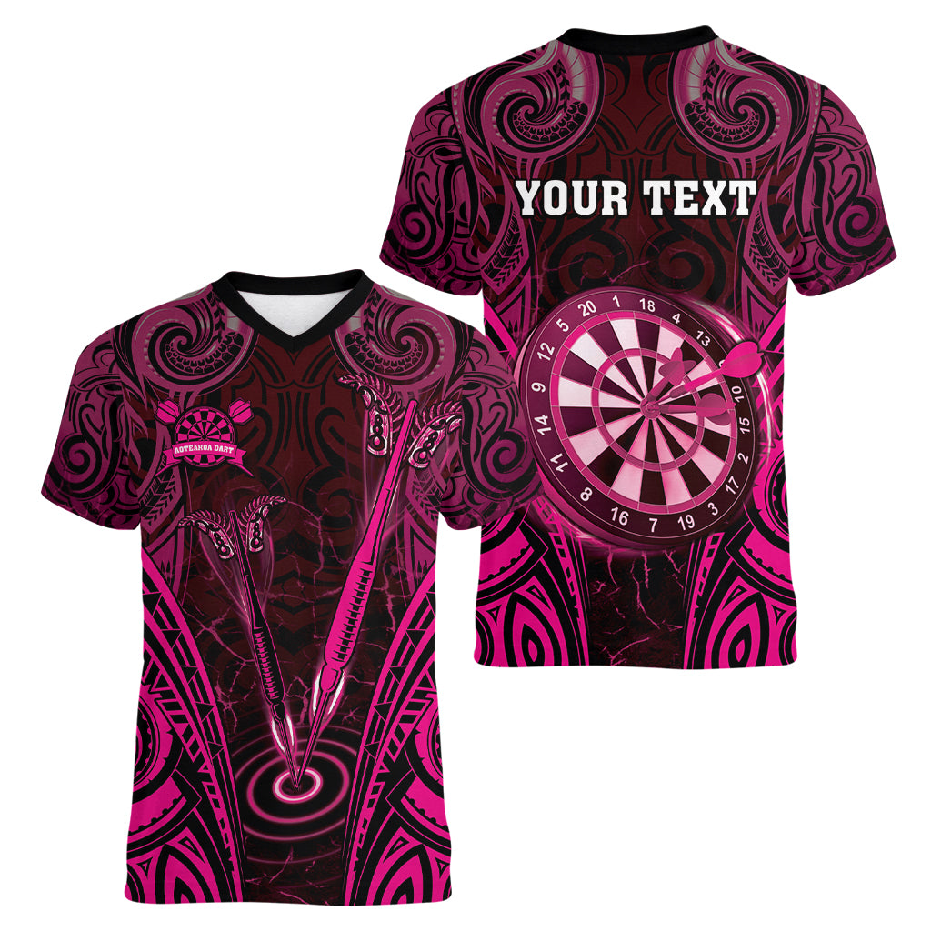 Personalised New Zealand Darts Women V-Neck T-Shirt Pink Dart Board Maori Pattern