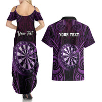 Personalised New Zealand Darts Couples Matching Summer Maxi Dress and Hawaiian Shirt Purple Dart Board Maori Pattern