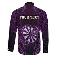 Personalised New Zealand Darts Family Matching Off The Shoulder Long Sleeve Dress and Hawaiian Shirt Purple Dart Board Maori Pattern