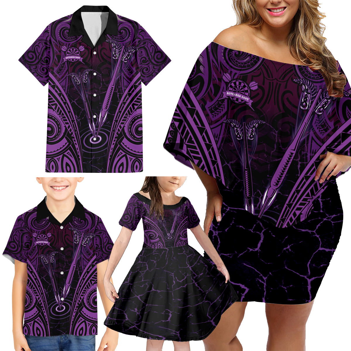 Personalised New Zealand Darts Family Matching Off Shoulder Short Dress and Hawaiian Shirt Purple Dart Board Maori Pattern