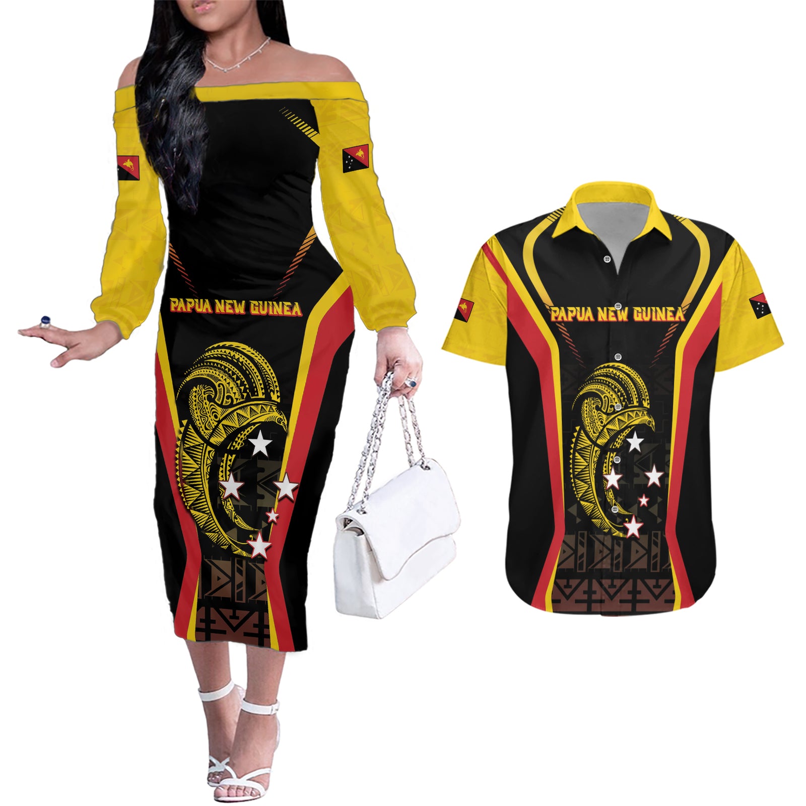 Custom Papua New Guinea Cricket Couples Matching Off The Shoulder Long Sleeve Dress and Hawaiian Shirt 2024 World Cup