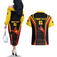 Custom Papua New Guinea Cricket Couples Matching Off The Shoulder Long Sleeve Dress and Hawaiian Shirt 2024 World Cup
