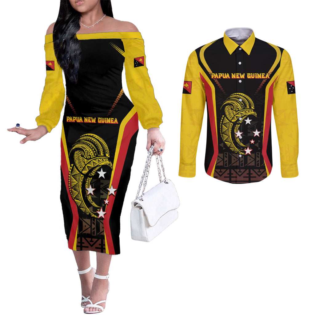 Custom Papua New Guinea Cricket Couples Matching Off The Shoulder Long Sleeve Dress and Long Sleeve Button Shirt 2024 World Cup