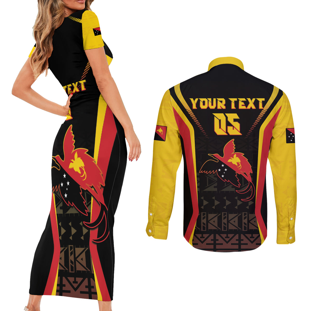Custom Papua New Guinea Cricket Couples Matching Short Sleeve Bodycon Dress and Long Sleeve Button Shirt 2024 World Cup