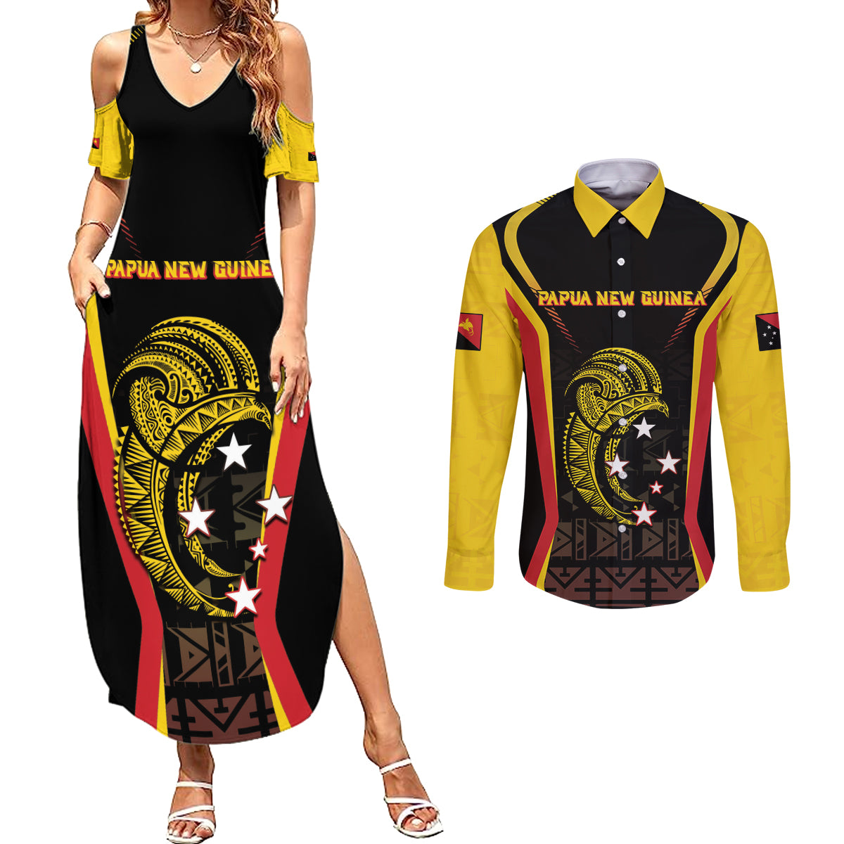 Custom Papua New Guinea Cricket Couples Matching Summer Maxi Dress and Long Sleeve Button Shirt 2024 World Cup