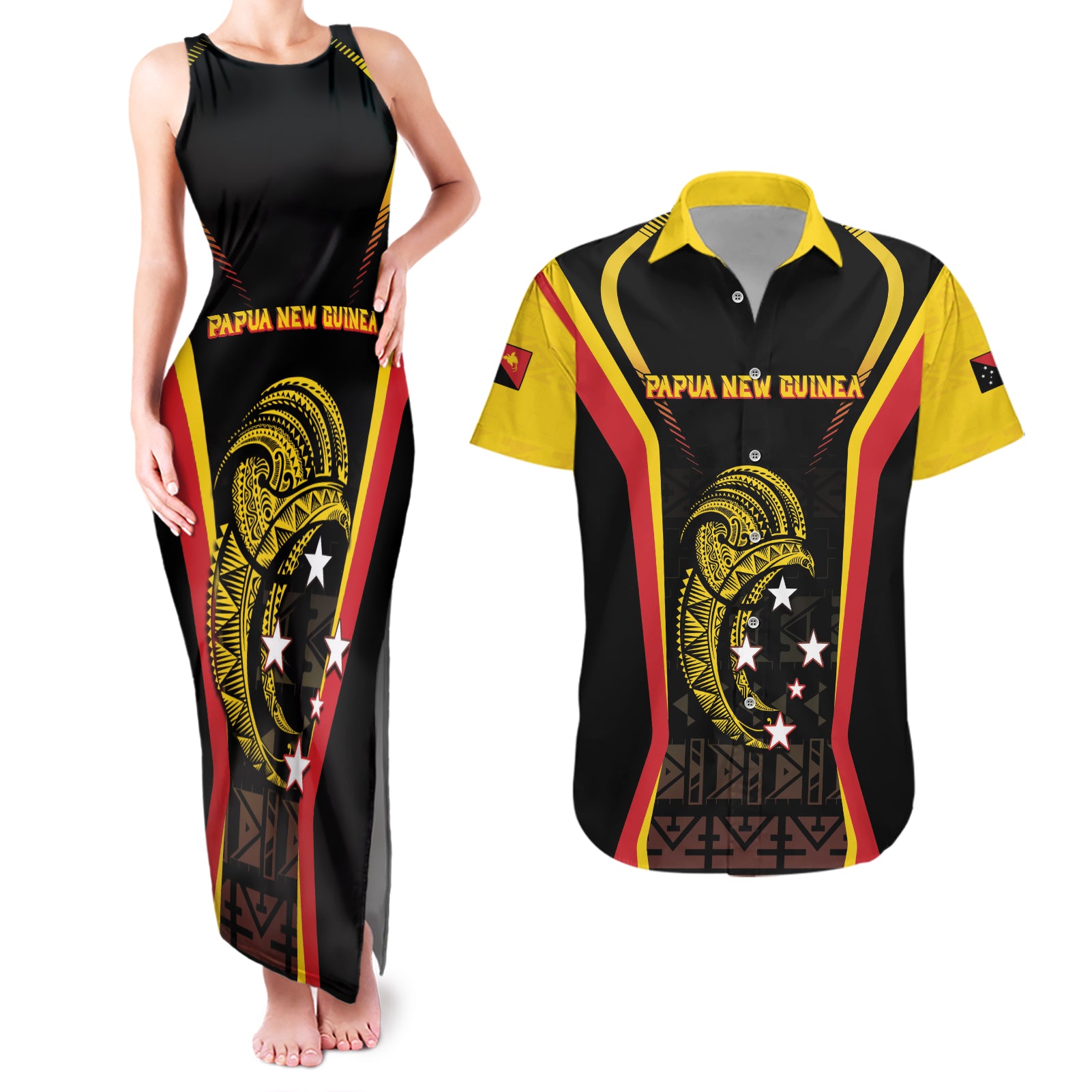 Custom Papua New Guinea Cricket Couples Matching Tank Maxi Dress and Hawaiian Shirt 2024 World Cup