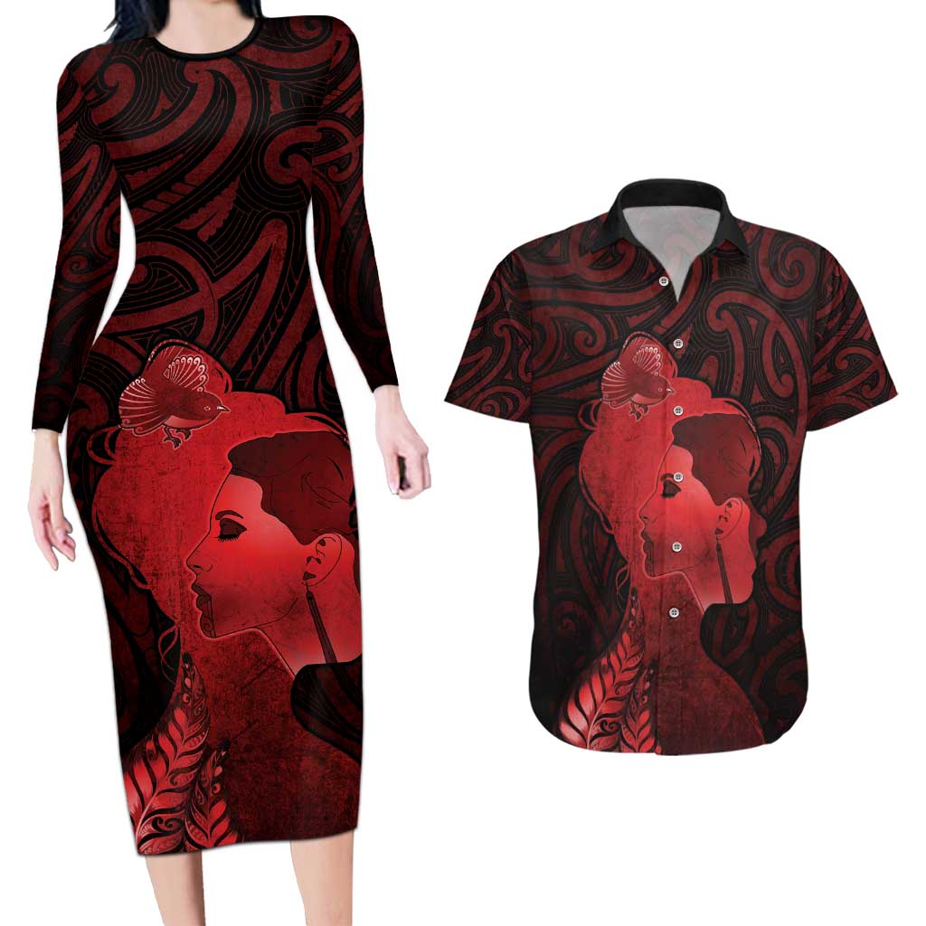 Aotearoa Mana Wahine Couples Matching Long Sleeve Bodycon Dress and Hawaiian Shirt The Spiritual Power Of Women LT05 Red - Polynesian Pride