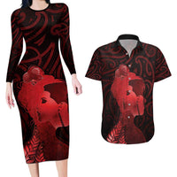 Aotearoa Mana Wahine Couples Matching Long Sleeve Bodycon Dress and Hawaiian Shirt The Spiritual Power Of Women LT05 Red - Polynesian Pride