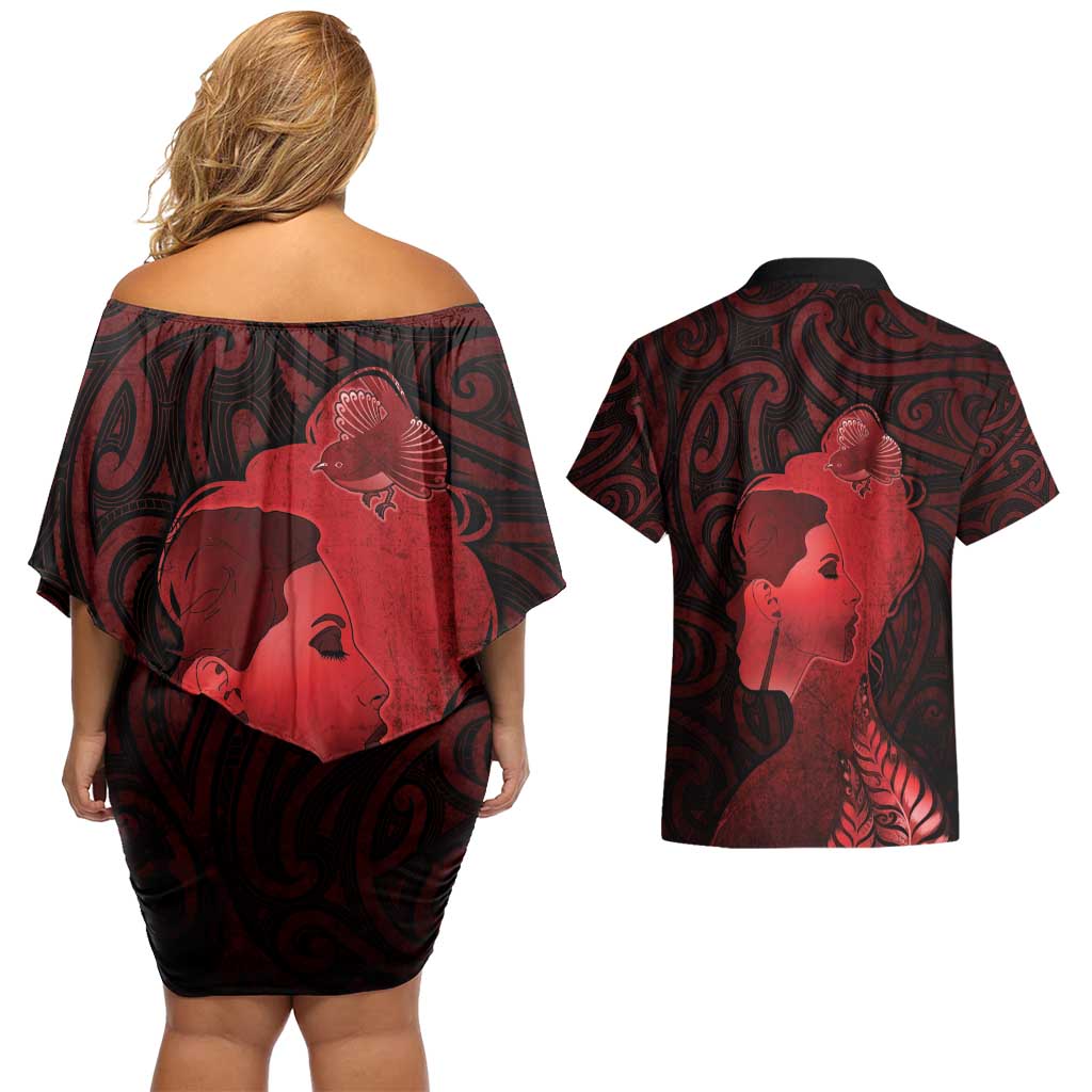 Aotearoa Mana Wahine Couples Matching Off Shoulder Short Dress and Hawaiian Shirt The Spiritual Power Of Women LT05 - Polynesian Pride