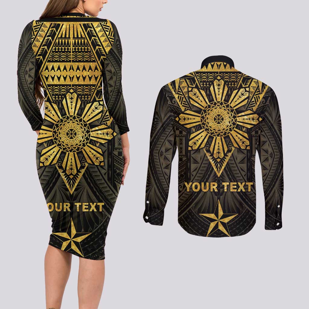 Personalised Philippines Independence Day Couples Matching Long Sleeve Bodycon Dress and Long Sleeve Button Shirt Filipinos Sun Star Tribal