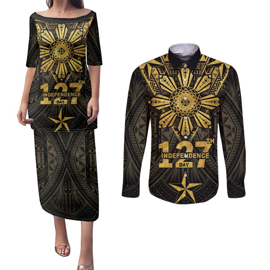 Personalised Philippines Independence Day Couples Matching Puletasi and Long Sleeve Button Shirt Filipinos Sun Star Tribal