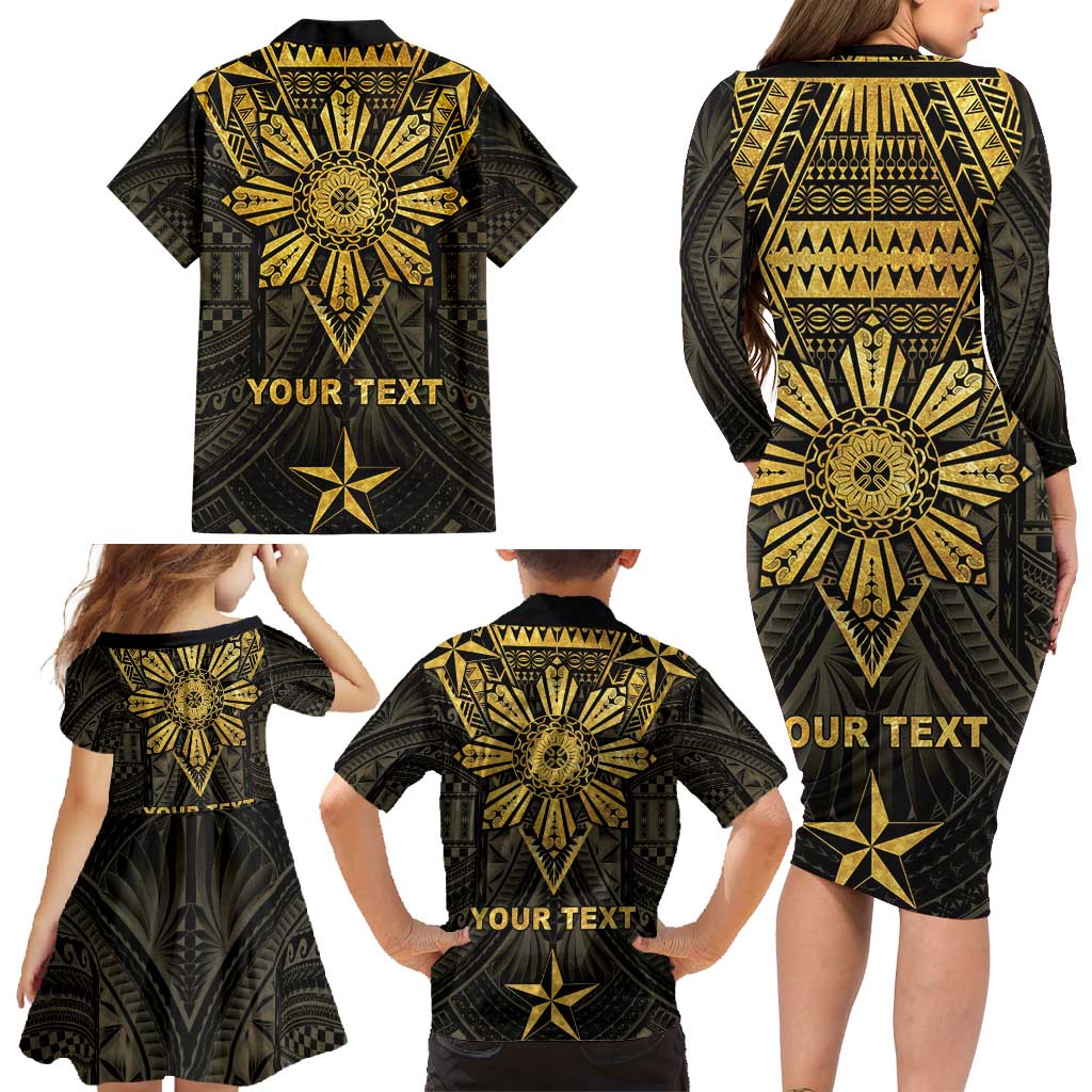 Personalised Philippines Independence Day Family Matching Long Sleeve Bodycon Dress and Hawaiian Shirt Filipinos Sun Star Tribal
