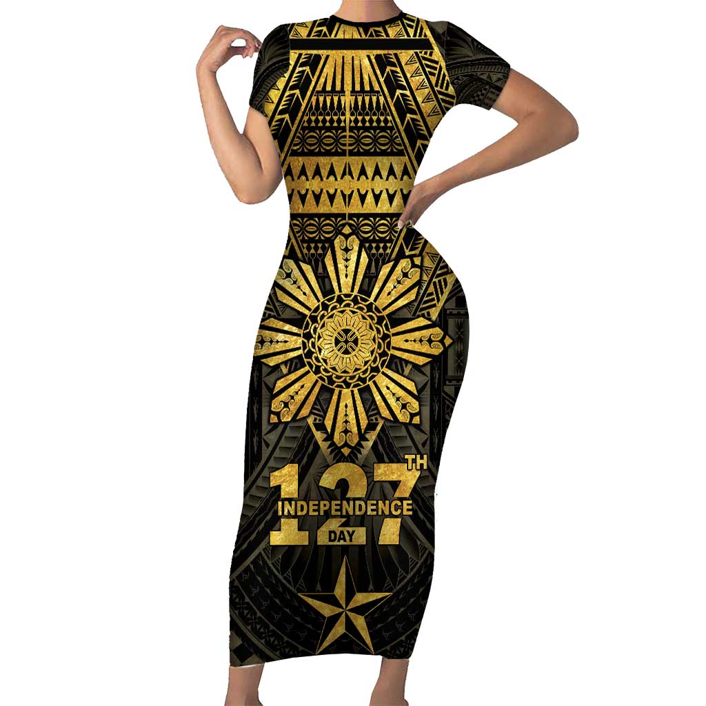 Personalised Philippines Independence Day Short Sleeve Bodycon Dress Filipinos Sun Star Tribal
