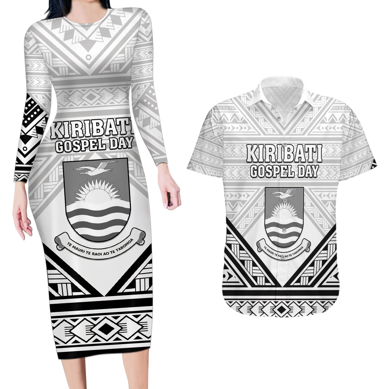 Personalised Kiribati Gospel Day Couples Matching Long Sleeve Bodycon Dress and Hawaiian Shirt Coat Of Arms Polynesian Pattern