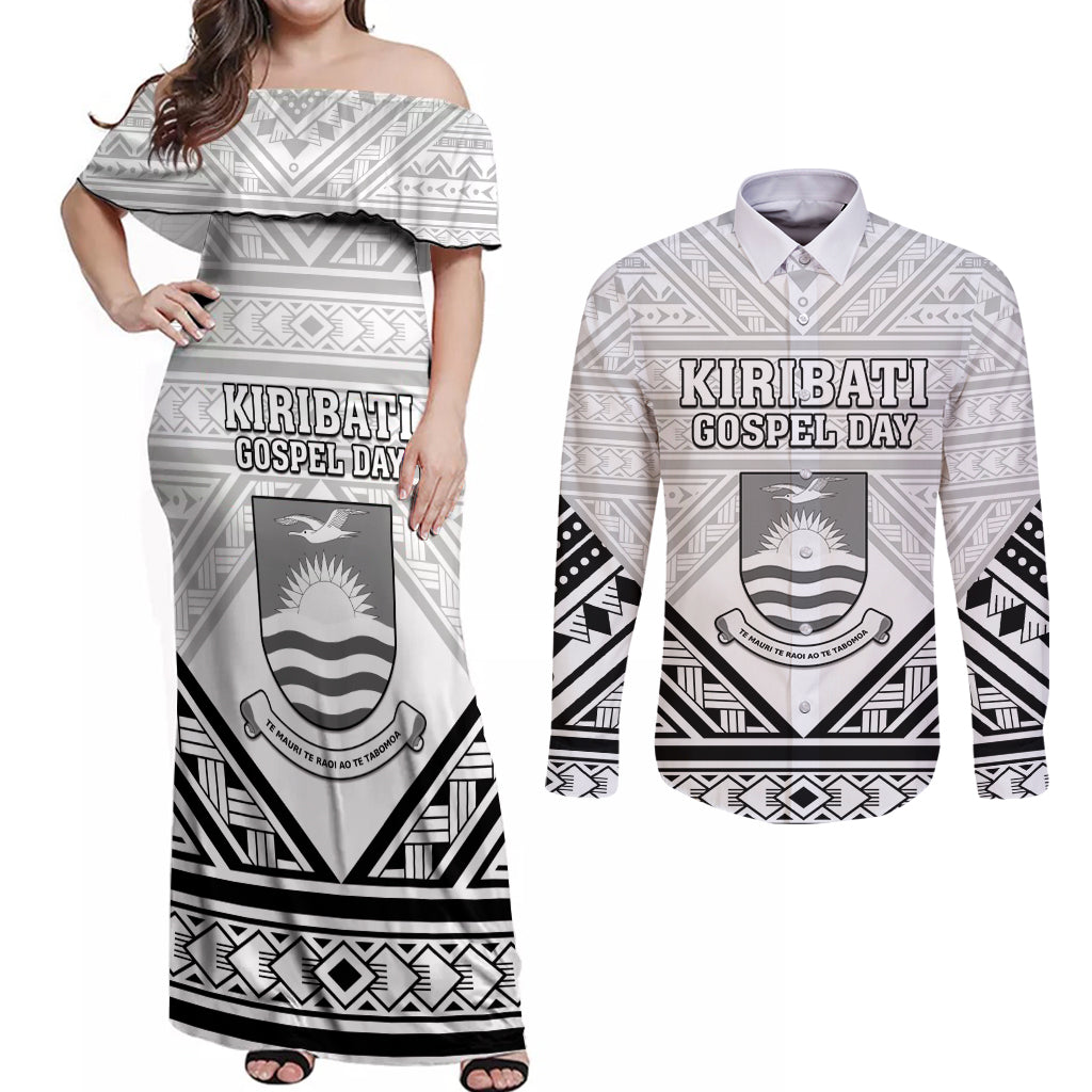 Personalised Kiribati Gospel Day Couples Matching Off Shoulder Maxi Dress and Long Sleeve Button Shirt Coat Of Arms Polynesian Pattern