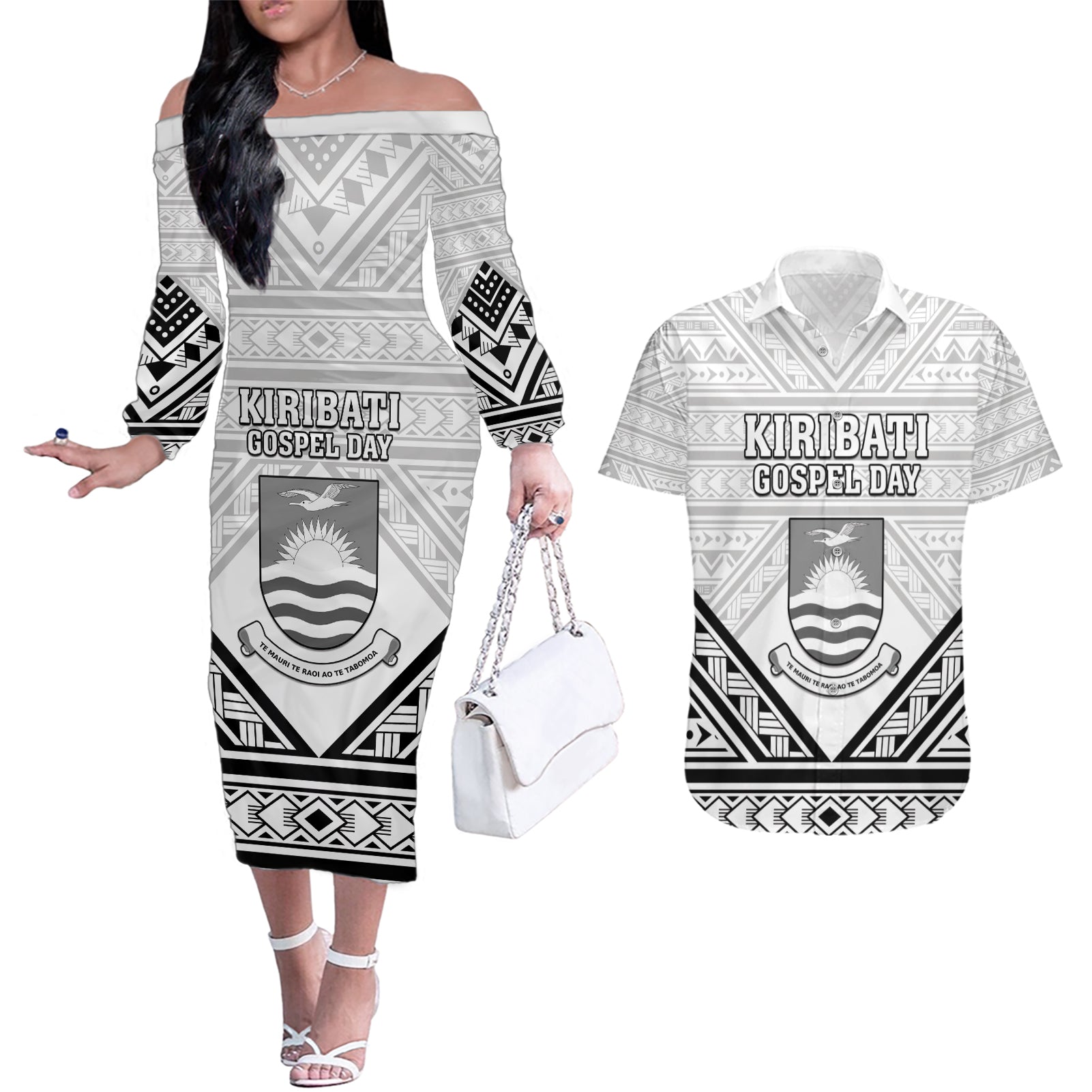 Personalised Kiribati Gospel Day Couples Matching Off The Shoulder Long Sleeve Dress and Hawaiian Shirt Coat Of Arms Polynesian Pattern