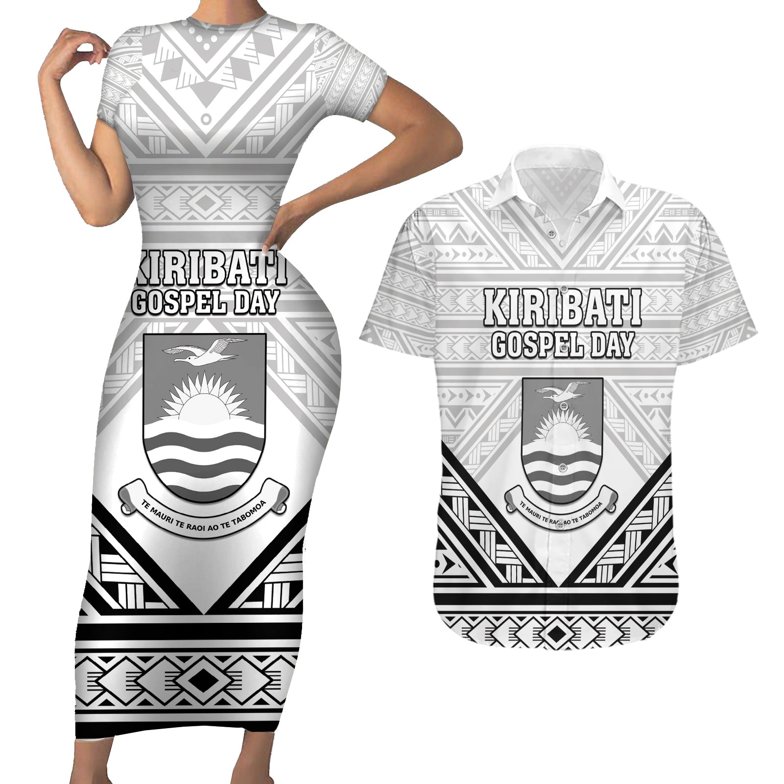 Personalised Kiribati Gospel Day Couples Matching Short Sleeve Bodycon Dress and Hawaiian Shirt Coat Of Arms Polynesian Pattern