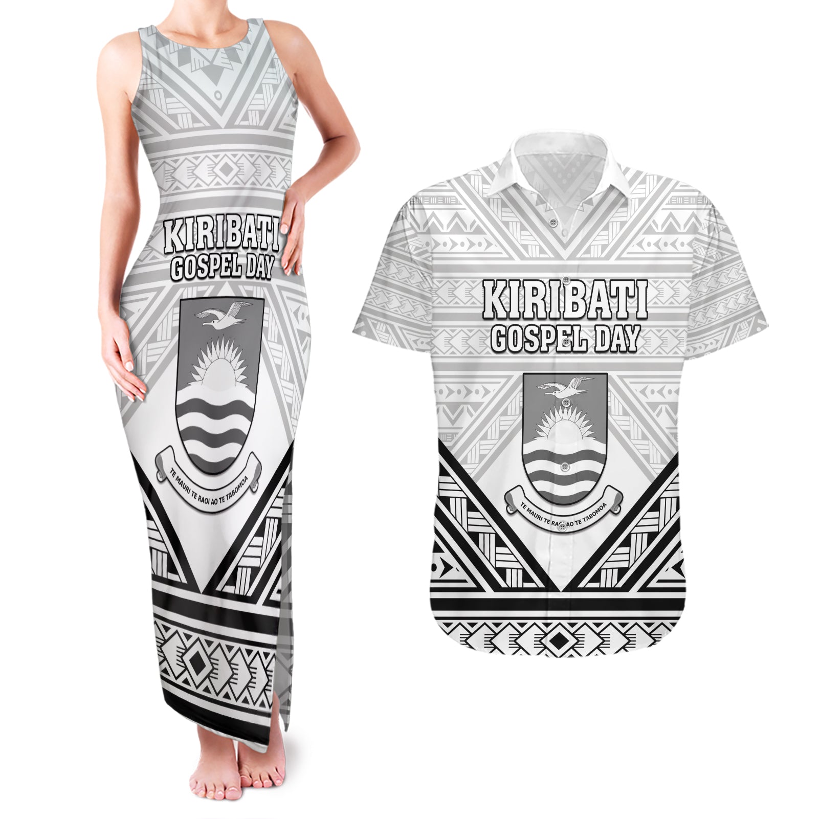 Personalised Kiribati Gospel Day Couples Matching Tank Maxi Dress and Hawaiian Shirt Coat Of Arms Polynesian Pattern