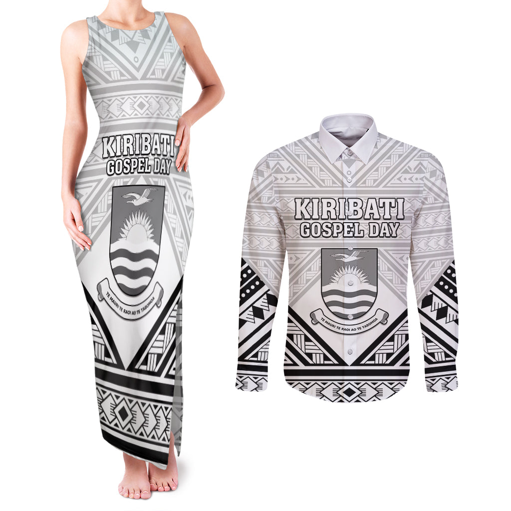 Personalised Kiribati Gospel Day Couples Matching Tank Maxi Dress and Long Sleeve Button Shirt Coat Of Arms Polynesian Pattern